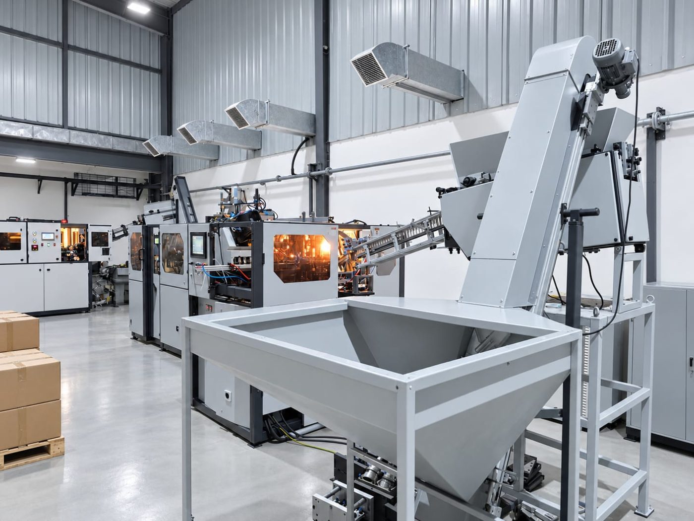 Hopper and material feed on the Geocel production line