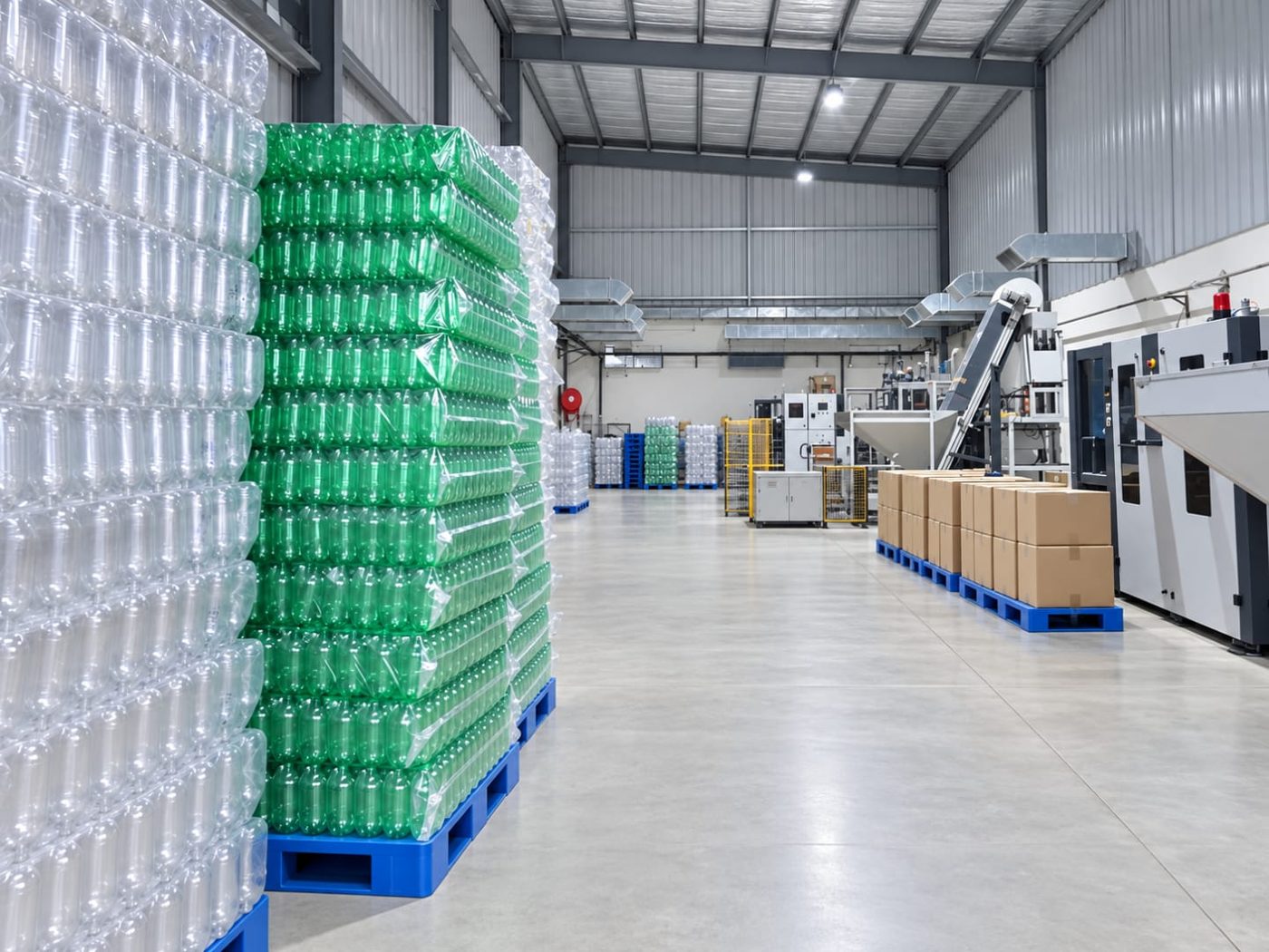 Green PET containers stacked beside the production line