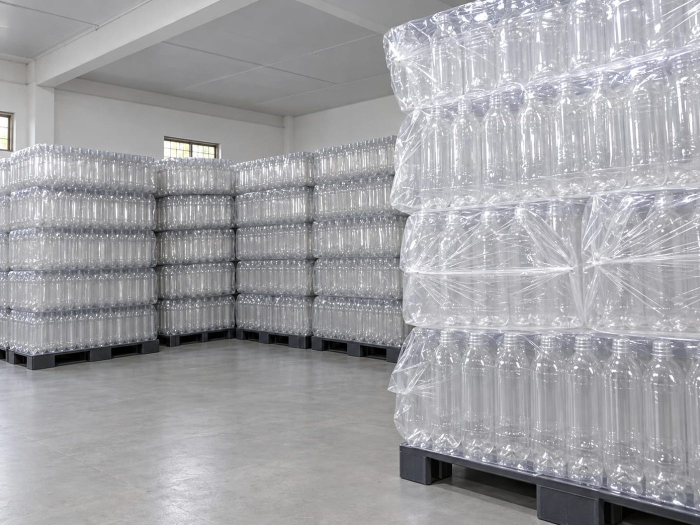 Pallets of PET bottles blown on the Geocel line